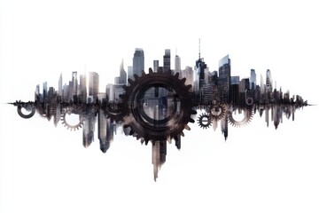 Obraz premium Abstract city skyline of interconnected gears, symbolizing the mechanics of business growth and strategic planning, showcasing innovation, collaboration, and dynamic development.
