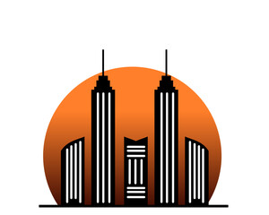 Obraz premium City silhouette, black city silhouette with a background of sunset rays from the sun. flat style vector.