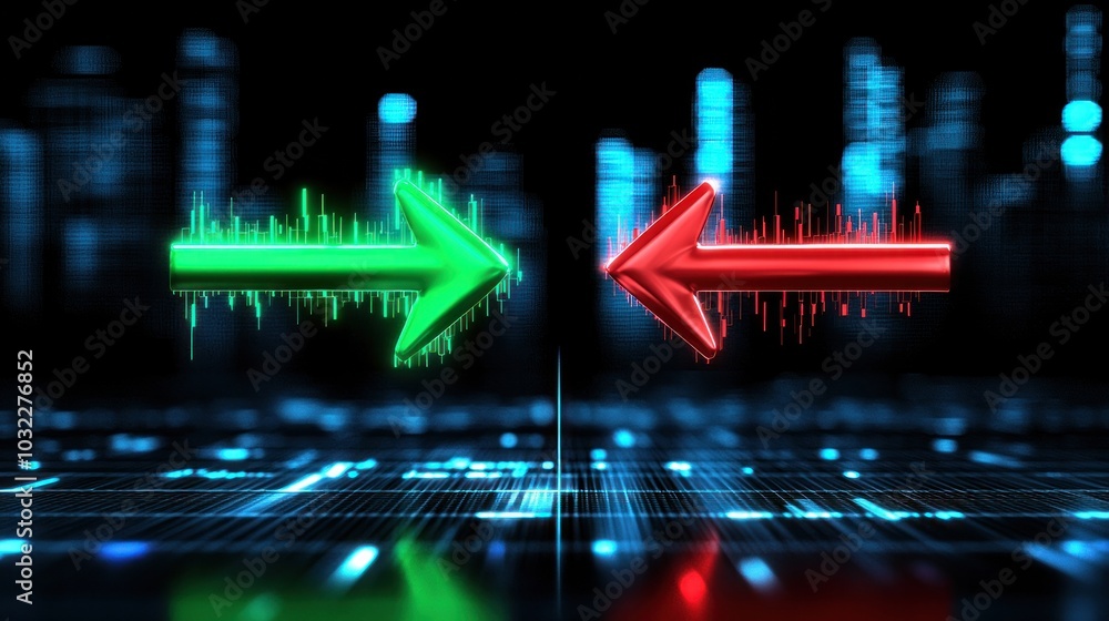 Poster dynamic financial data representation with graphical arrows indicating market trends and movements i