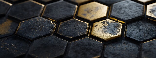 A close-up of the hexagonal tiles on a floor, each tile made up of gold and black metal, against a dark background