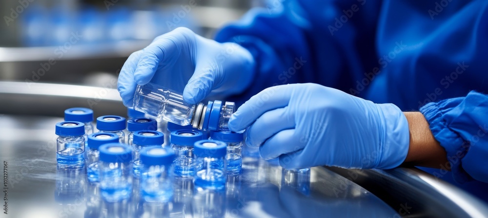 Poster gloved hands handling vials in laboratory setting concept of vaccine and drug development.