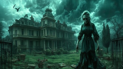 Obraz premium A haunting figure stands before a dilapidated mansion under ominous clouds.