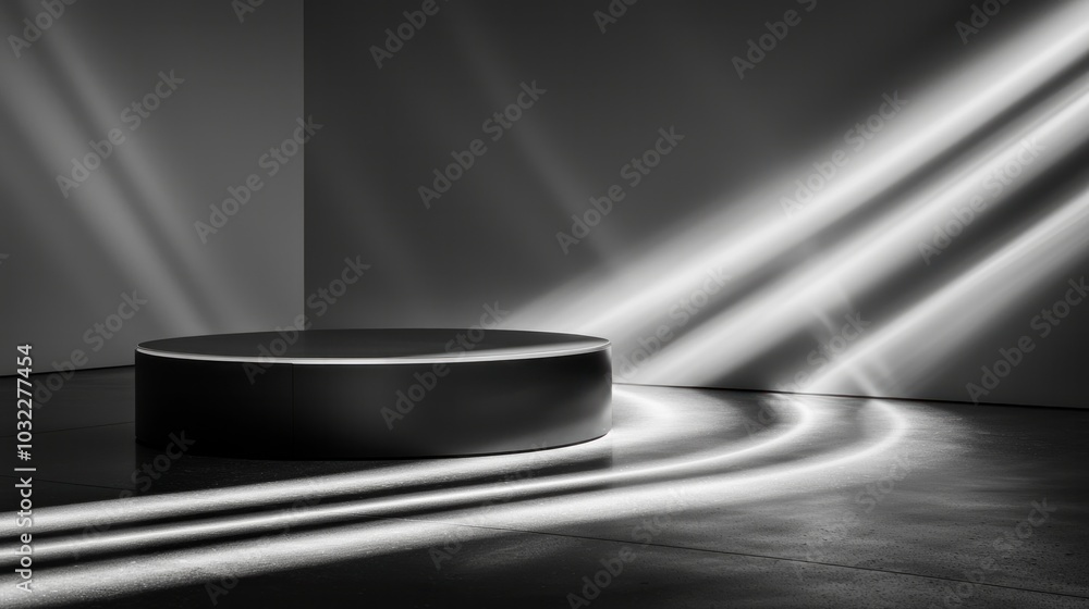 Poster exploring the artistic play of light and shadow in a minimalist studio space with a circular platfor
