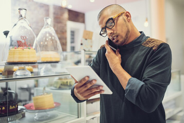 Businessman, barista and multitasking with phone call or tablet for order, online enquiry or...
