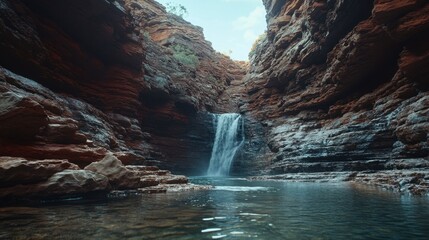 Naklejka premium Serene Waterfall in a Rocky Canyon Landscape