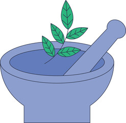 A mortar and pestle with herbs symbolizes natural medicine and culinary arts.