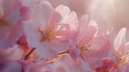 Close-up View of Blooming Cherry Blossoms in Spring
