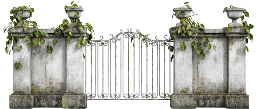 A weathered stone wall with ornate iron gates, adorned with vines, conveys a sense of age and mystery.