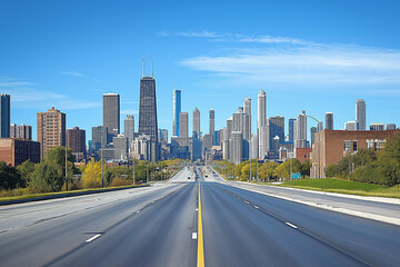 Wide Open Highway Leading to Contemporary City Skyline with Blue Sky and Few Clouds