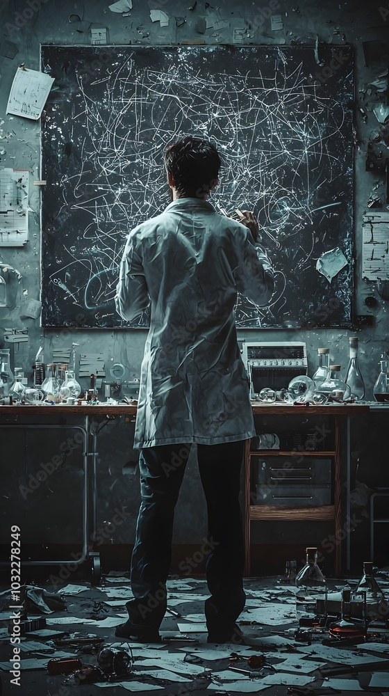 Poster disheartened scientist standing in failed lab experiment surrounded by broken glass and erased equat