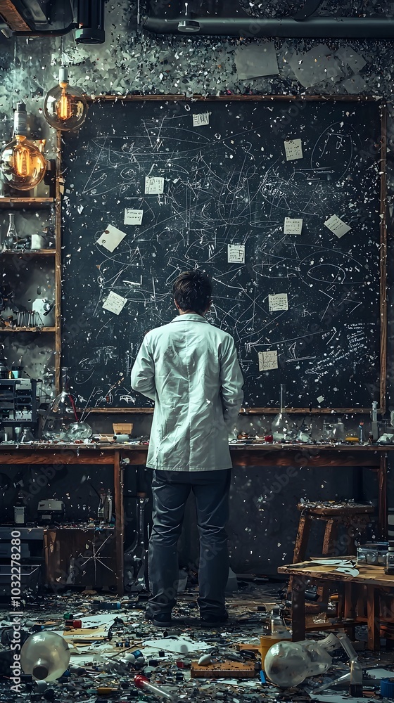 Poster disheartened scientist surrounded by failed experiments in lab