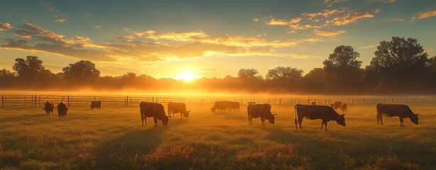 A group of cows are grazing in a field with a beautiful sunset in the background