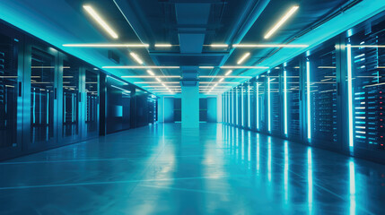 Fototapeta premium High-Tech Data Center with Blue LED Servers, Showcasing Infrastructure