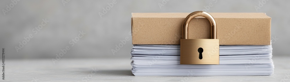 Poster stack of papers secured with a padlock, representing confidentiality and data protection.