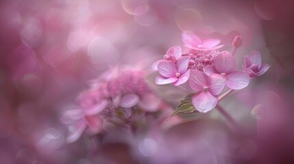 Naklejka premium Soft Pink Hydrangea Blooms in Gentle Bloom on a Pastel Background, Evocative Floral Portrait