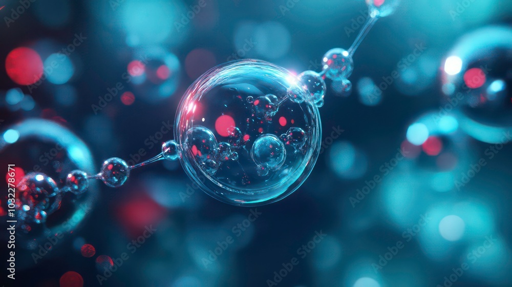 Poster abstract 3d render of connected bubbles with glowing highlights, blue and red color tones on a dark 