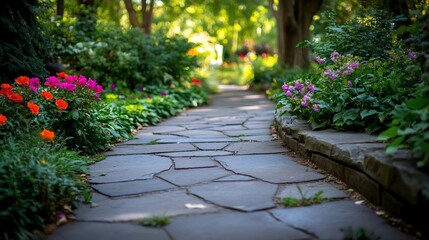 A serene garden pathway lined with vibrant flowers and greenery.