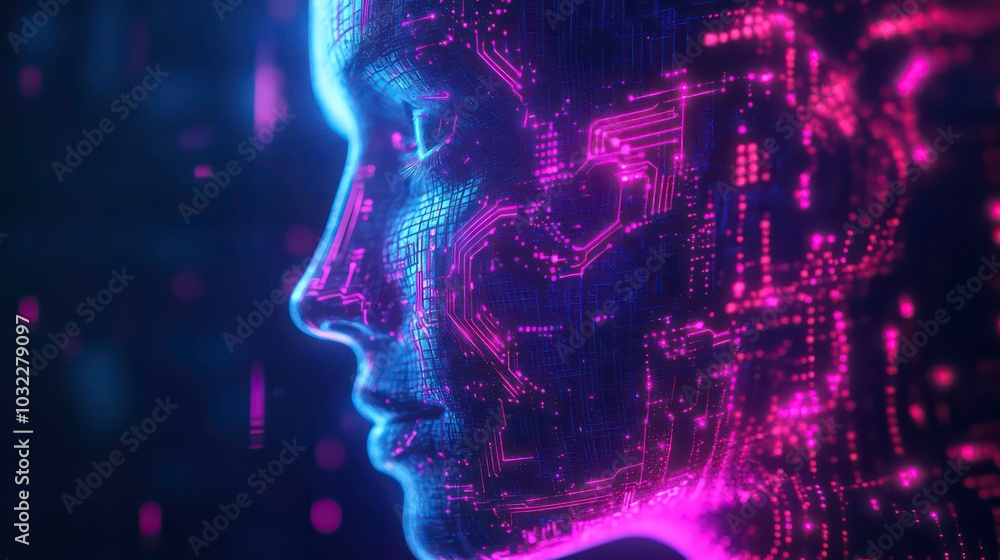 Poster a digital rendering of a human face composed of circuit board patterns and glowing with pink and blu