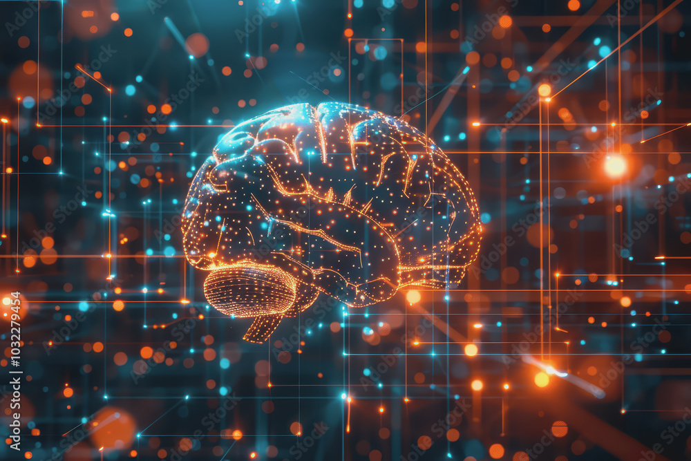 Poster a human brain with interconnected circuits and glowing lines.