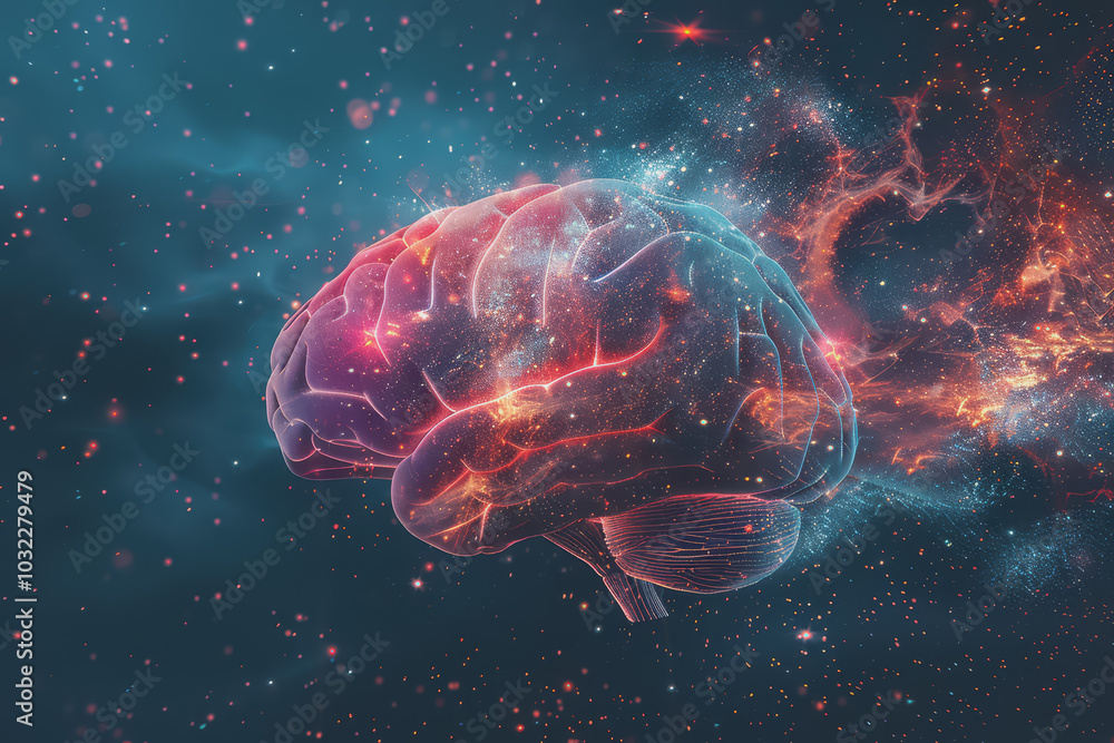 Poster a human brain with interconnected circuits and glowing lines.