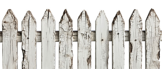 Fototapeta premium A close-up of a weathered white picket fence against a transparent background, showcasing its rustic charm and unique texture.