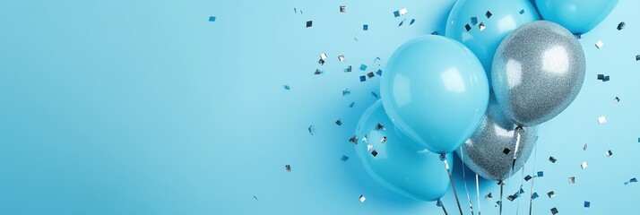 blue balloons with silver streamers and confetti on a light sky-blue background