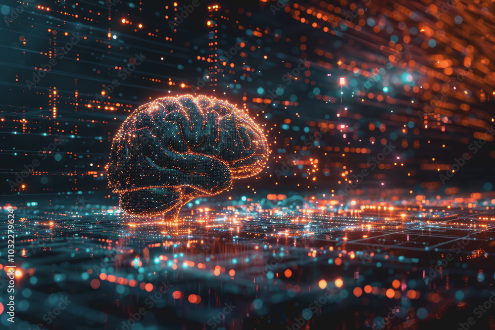 Poster a human brain with interconnected circuits and glowing lines.
