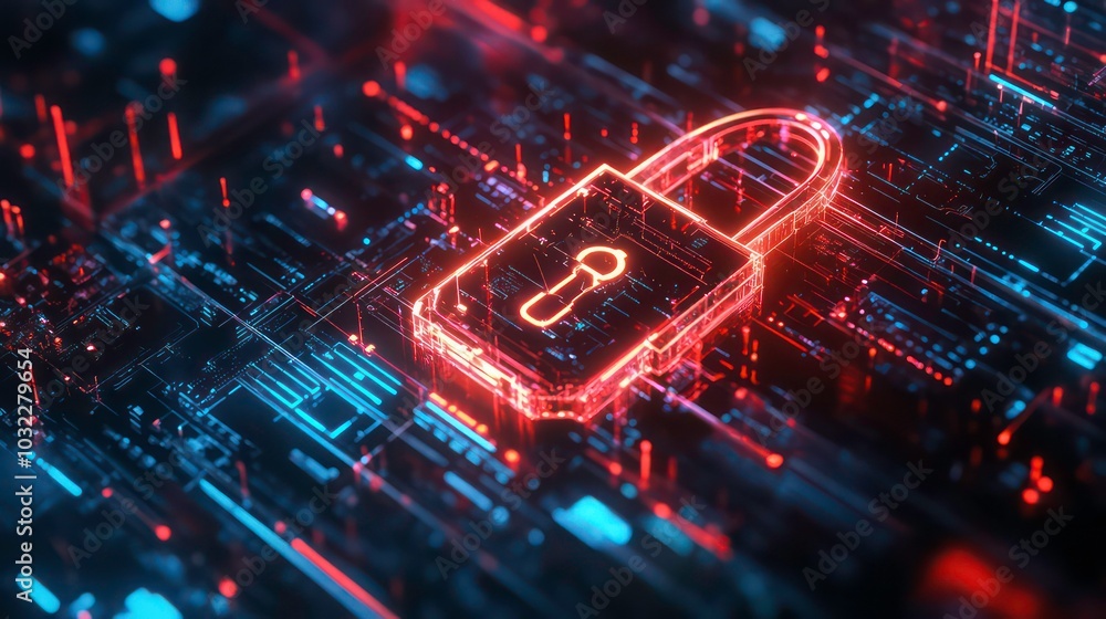 Poster a glowing red padlock on a futuristic digital circuit board, symbolizing cybersecurity and data prot