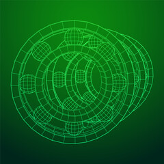 Roller bearing. Circular round rotating bearings used in industry for heavy equipment mechanical work and engineering. Wireframe low poly mesh vector illustration.