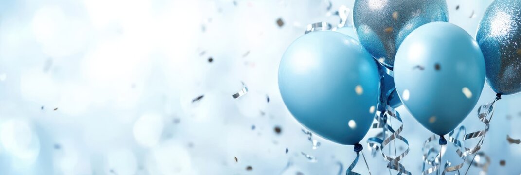 blue balloons with silver streamers and confetti on a light sky-blue background