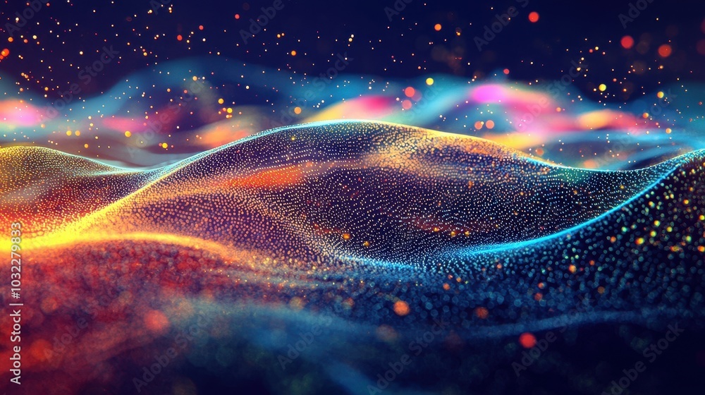 Poster colorful dynamic waves of particles in abstract design