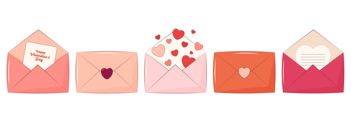 Vector set of Valentine's Day envelopes with hearts. Vector illustration