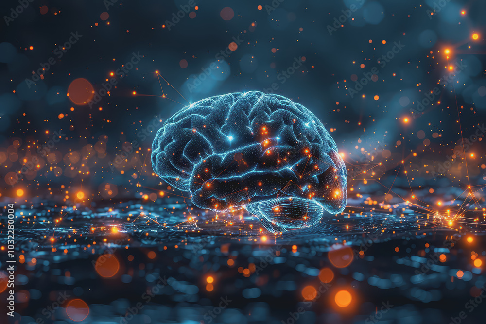 Poster a human brain with interconnected circuits and glowing lines.