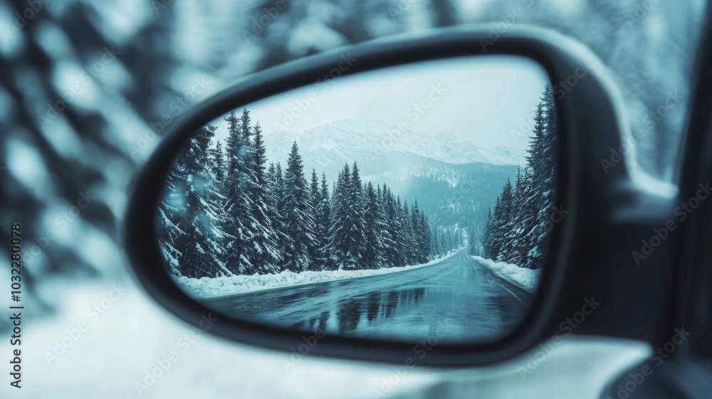 Poster a winter drive showcases a serene landscape with snow-covered trees lining the road, reflected in th