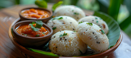 Gourmet idlis with a side of tomato chutney and podi