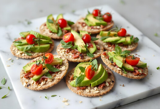 Fresh and vibrant open faced snacks featuring crisp oat cakes topped with creamy avocado, juicy cherry tomatoes, and aromatic herbs, perfect for healthy bite