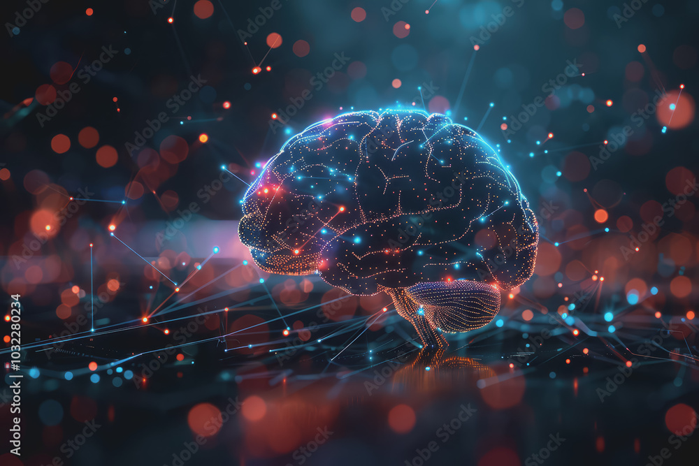 Poster a human brain with interconnected circuits and glowing lines.
