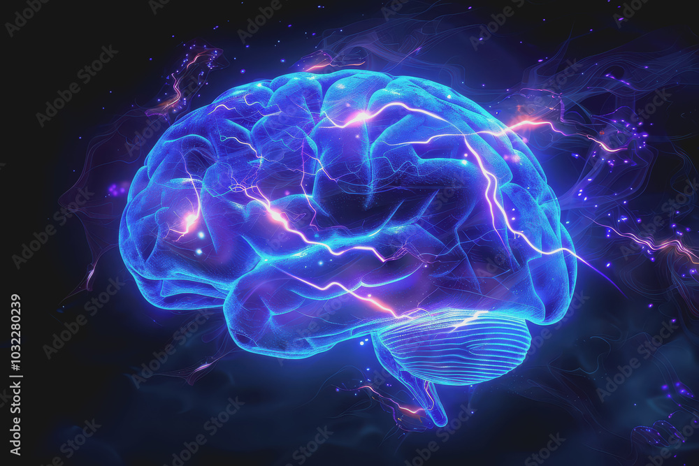 Poster a human brain with interconnected circuits and glowing lines.