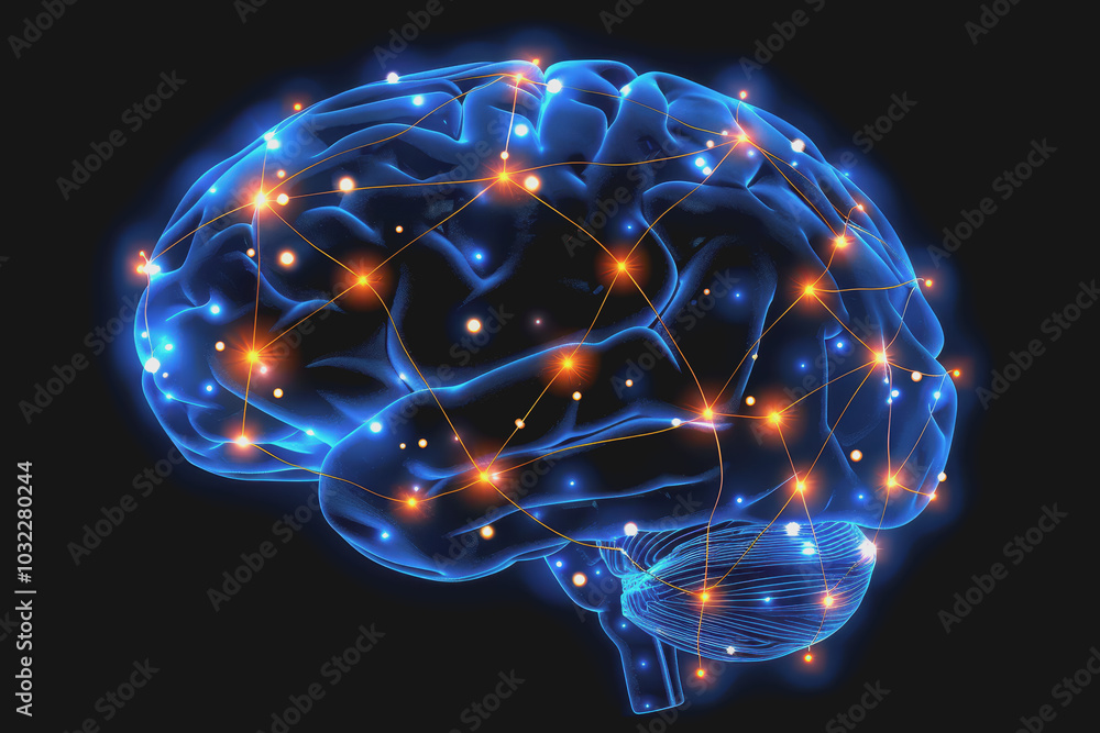 Poster a human brain with interconnected circuits and glowing lines.