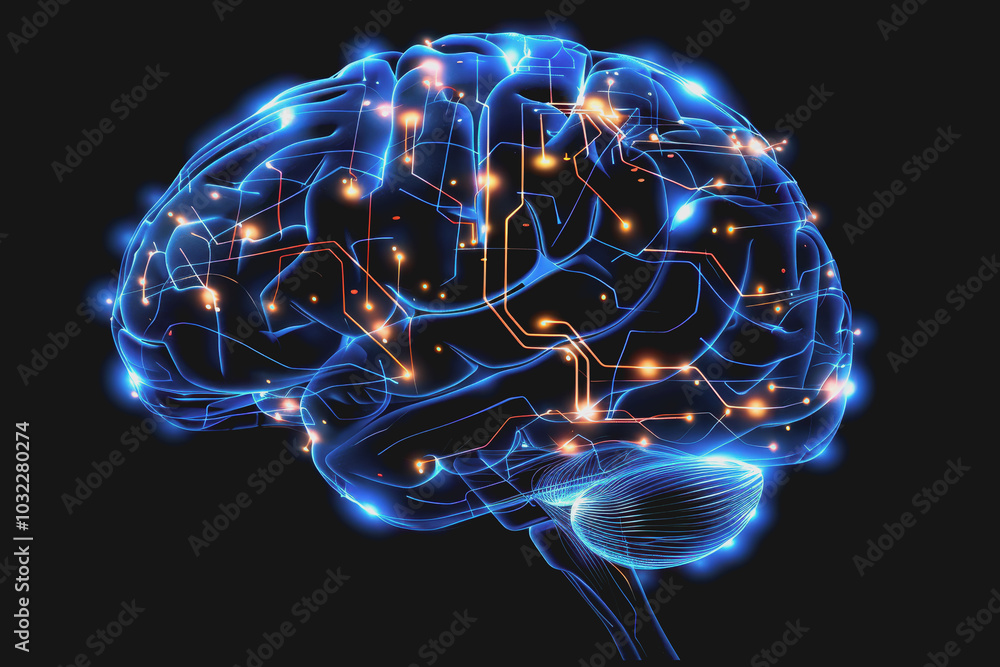 Poster a human brain with interconnected circuits and glowing lines.