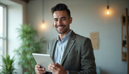 Smiling busy young latin business man manager using tablet computer, happy hispanic businessman executive looking at camera holding tab working standing in office. Portrait.