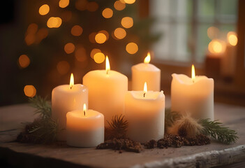 Softly glowing candles create warm and inviting atmosphere, surrounded by natural textures and festive elements. gentle light enhances cozy ambiance of setting