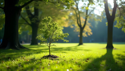 Fototapeta premium small tree stands alone in lush green park, surrounded by larger trees and dappled sunlight filtering through leaves. scene evokes sense of tranquility and growth