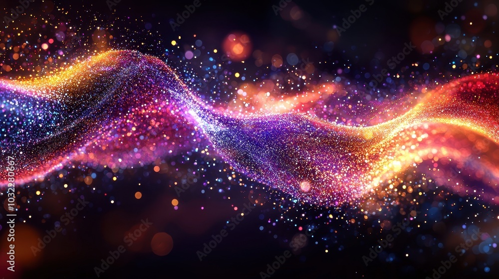 Poster fluid wave of particles with gradient hologram effect
