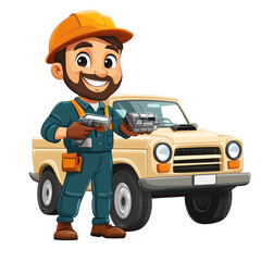Cheerful mechanic holding tools next to a vintage truck, showcasing automotive repair and maintenance skills in a cartoon style.