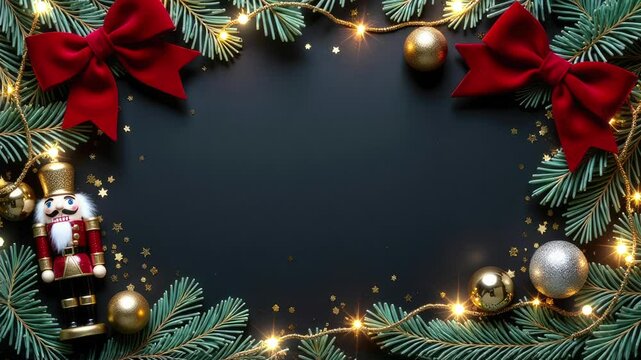 Animation Christmas banner with space for text on red background with toy Nutcracker and garlands. Frame of fir branches, gold balls and red bows, confetti and atmospheric lights