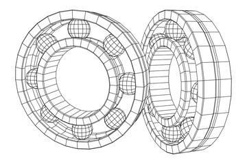 Roller bearing. Circular round rotating bearings used in industry for heavy equipment mechanical work and engineering. Wireframe low poly mesh vector illustration.