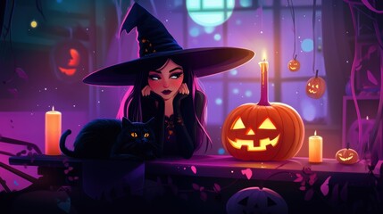 Beautiful witch with pumpkin. Halloween theme.
