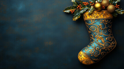 Elegant Blue and Gold Christmas Stocking with Ornaments and Holly &ndash; Festive Holiday Decor, ai generative