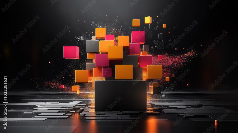 Poster abstract d cube structure with black background and colorful dust particles